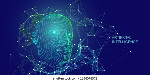 Artificial intelligence concept. 3d wireframe head. Abstract digital grid human head. AI. Vector illustration.