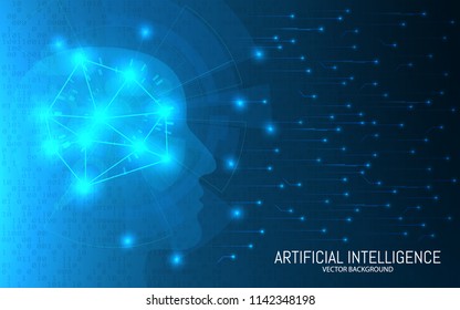 Artificial intelligence concept. Abstract futuristic background. Big data design. Head with connections on a binary backdrop. Digital brain technology. Vector illustration.