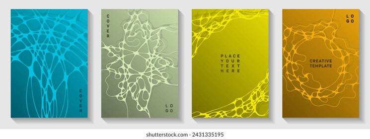 Artificial intelligence concept abstract vector covers. Dynamic waves weave backdrops. Colorful magazine vector layouts. Science fiction cover pages graphic design set.