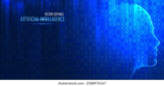 Artificial intelligence concept. AI brain with head processing data on a blue background. Vector editable