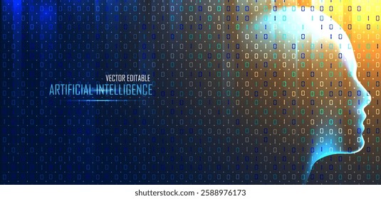 Artificial intelligence concept. AI brain with head processing data on a blue background. Vector editable