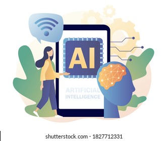 Artificial intelligence concept. AI chip, machine learning, analysis information. Digital brain with neural network. Chatbot. Modern flat cartoon style. Vector illustration on white background