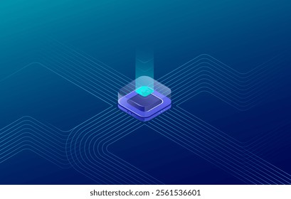 Artificial intelligence concept, AI chip background on technology blue background. Circuit board. Ai Tech bg. Vector Isometric illustration. Free text space. Semiconductor or CPU processor icon.