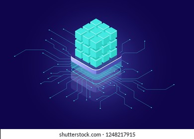 Artificial intelligence concept, ai isometric icon, big data calculation, supercomputer concept, green blocks, database, data security encryption dark neon vector