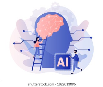 Artificial intelligence concept. AI, machine learning, analysis information. Digital brain with neural network. Modern flat cartoon style. Vector illustration on white background