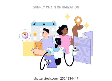 conceito de inteligência artificial. Robô da IA otimizando a cadeia de suprimentos ao lado de gerentes humanos. Eficiência na coordenação logística. Ilustração vetorial.