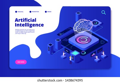 Artificial intelligence concept. Ai smart technology brain networking neural intelligent solutions futuristic landing vector page. Ai intelligence, brain artificial, digital intellect illustration