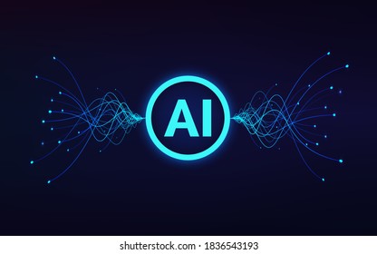 Artificial intelligence concept. ai text in center and moving blue waves. Machine learning and data analytics. Vector