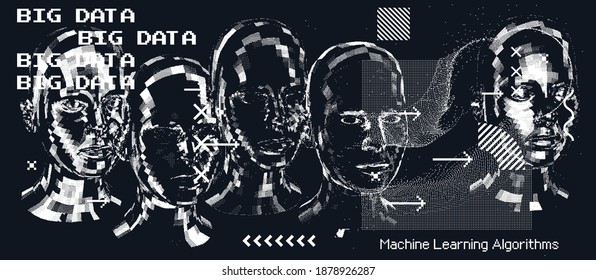 Artificial Intelligence concept. Android machine head made of pixels.