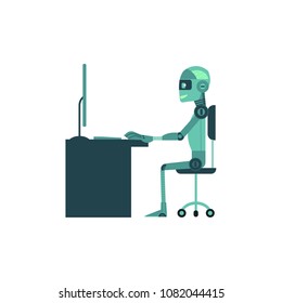 Artificial intelligence concept with anthropoid robot works behind computer isolated on white background. Flat cartoon futuristic vector illustration of android at workplace.