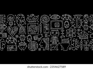 Arte de concepto de inteligencia artificial. Elementos de diseño dibujados a mano. Fondo de patrón transparente horizontal para su diseño