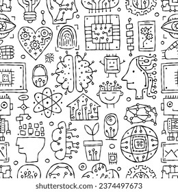 Artificial intelligence concept art. Hand drawn design elements. Seamless pattern background for your design