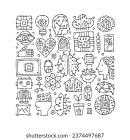 Artificial intelligence concept art. Hand drawn design elements. Square frame for your design