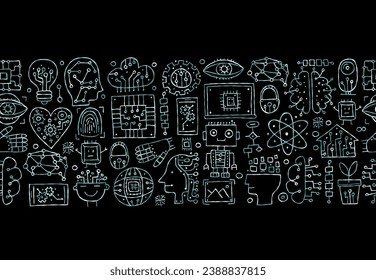 Artificial intelligence concept art. Hand drawn design elements. Seamless pattern background horizontal for your design