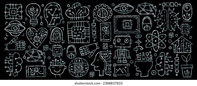 Künstliche Intelligenz Konzept Kunst. Handgezeichnete Design-Elemente. Horizontaler Banner für Ihr Design