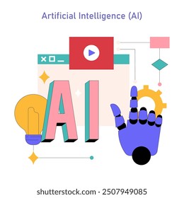 Concepto de inteligencia artificial. Texto en negrita de IA con mano robótica y bombilla, que representa la innovación y la inteligencia tecnológica. Ilustración vectorial.