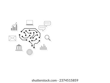 Artificial intelligence concept. Brain circuit board technology with icons such as laptop, bank, searching, data chat and music on white background. Innovation and idea. 