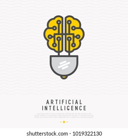 Artificial intelligence concept: brain in shape of lightbulb thin line icon. Modern vector illustration, logo for machine learning innovation. 