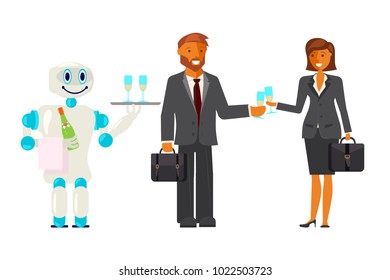 Artificial intelligence concept with businessman and robot.  Business Team celebrate the victory with champagneVector illustration eps10