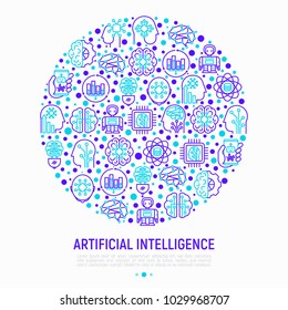Artificial intelligence concept in circle with thin line icons: robot, brain, machine learning, marketing analytics, cpu, chip, voice assistant. Modern vector illustration for web page, print media.