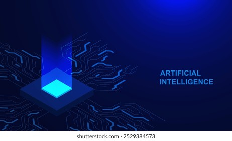 Artificial Intelligence concept with circuit board and glowing microchip isometric for technology background. Computer, electronic and machine learning. Vector illustration