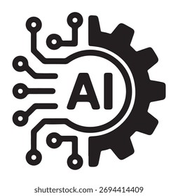 Conceito de inteligência artificial com placa de circuito e ícone de engrenagem em preto e branco