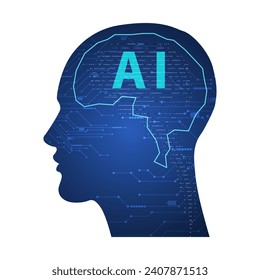 Konzept der künstlichen Intelligenz. Kreativ. Umriss mit Schaltkreisen und binären Daten, die auf blauem Hintergrund fließen.