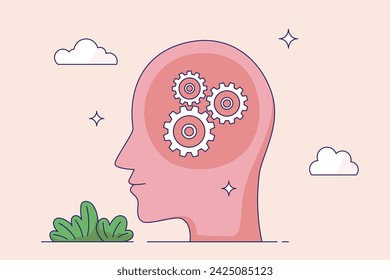 Artificial intelligence concept. Creative workshop, potential development. Human heads silhouette with cogwheels or gear mechanism. Isolated modern flat vector illustration.