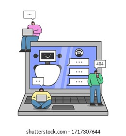 Artificial intelligence Concept. Developers Programming Conversation Scenario With Chatbot. Technology and Engineering. People Ask Chatbot Question. Cartoon Linear Outline Flat Vector Illustration