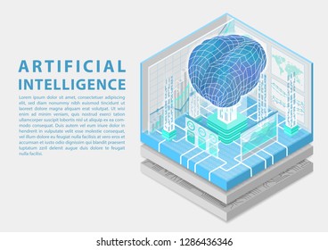 Artificial Intelligence concept with digital brain as isometric vector illustration