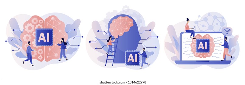 Artificial intelligence concept. Digital brain with neural network. AI, machine learning, analysis information. Modern flat cartoon style. Vector illustration on white background