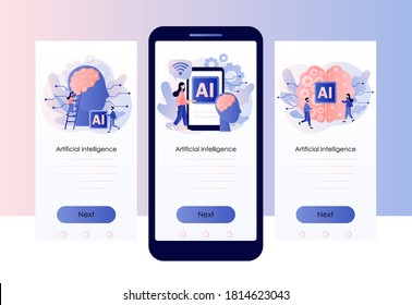 Artificial intelligence concept. Digital brain with neural network. AI and machine learning. Screen template for mobile smart phone. Modern flat cartoon style. Vector illustration on white background