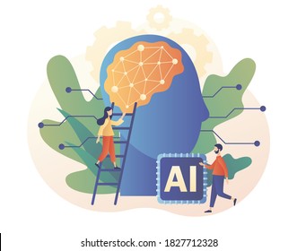 Artificial intelligence concept. Digital brain with neural network. AI, machine learning, analysis information. Modern flat cartoon style. Vector illustration on white background