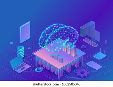 Artificial intelligence concept with electric brain and neural network, isometric 3d illustration with smartphone, laptop, mobile gadget, modern data storage banner, landing page background