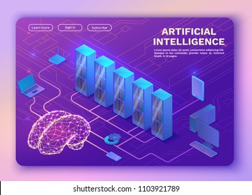 Artificial intelligence concept with electric brain and neural network, isometric 3d illustration with smartphone, laptop, mobile gadget, modern data storage banner, landing page background