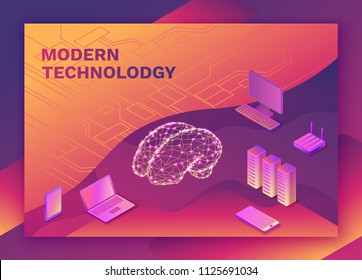 Concepto de inteligencia artificial con cerebro eléctrico y red neural, ilustración isométrica 3d con smartphone, laptop, gadget móvil, banner moderno de almacenamiento de datos, fondo de página de inicio