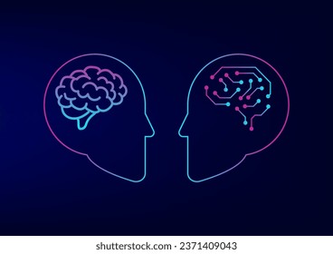 Artificial intelligence concept. Face to face of human and robot or cybog on blue background. Innovation and technology, industrial. Data analysis, digital brain and human brain. 