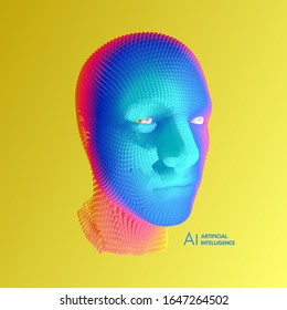 Artificial intelligence concept. Face recognition. Abstract digital human head. Futuristic background. Vector Illustration for advertising, marketing or presentation. 