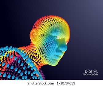 Artificial intelligence concept. Face recognition. Abstract digital human head. Futuristic background. Vector Illustration for advertising, marketing or presentation. 