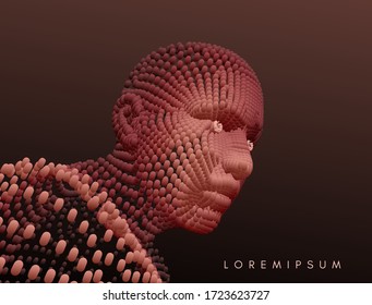 Artificial intelligence concept. Face recognition. Abstract digital human head. Futuristic background. Vector Illustration for advertising, marketing or presentation. 