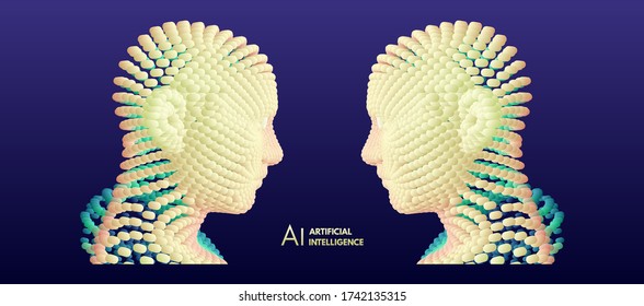 Artificial intelligence concept. Face recognition. Abstract digital human head. Futuristic background. Vector Illustration for advertising, marketing or presentation. 