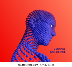Artificial intelligence concept. Face recognition. Abstract digital human head. Futuristic background. Vector Illustration for advertising, marketing or presentation. 