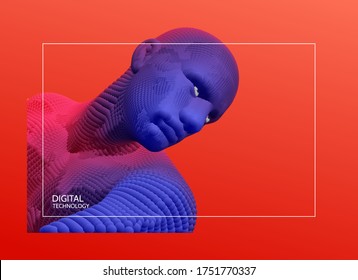 Artificial intelligence concept. Face recognition. Abstract digital human head. Futuristic background. Vector Illustration for advertising, marketing or presentation. 