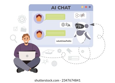 Artificial intelligence concept. Flat man using Ai technology for help with tasks and answer questions. Online communication with chat bot. Character chatting with chatbot. Digital assistant in laptop