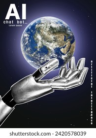 Artificial intelligence concept flyer in retro collage style. A robot's hand with a halftone effect holds the ground. Modern poster for publication on social networks, advertising on the Internet.