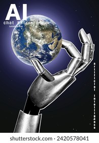 Artificial intelligence concept flyer in retro collage style. A robot's hand with a halftone effect holds the ground. Modern poster for publication on social networks, advertising on the Internet.