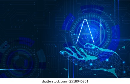 conceito de inteligência artificial. Banner azul neon tecnologia futurista com espaço de cópia. Mão feita de triângulos. Ilustração de estoque de vetor.