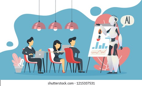 Artificial intelligence concept. Futuristic technology. Science progress and virtual reality. Cyber character make business presentation. Idea of machine learning. Flat vector illustration
