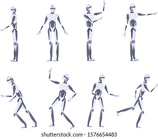 Artificial intelligence concept. Futuristic technology. Robot character with various views, pose and gesture. Set of isolated vector illustration in cartoon style