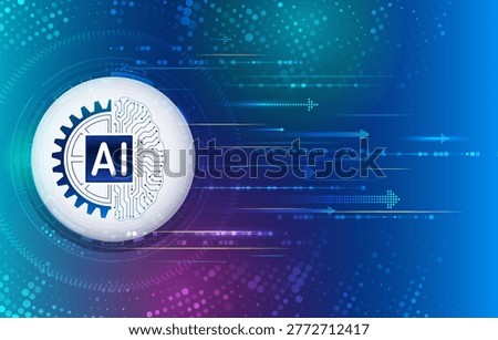 Artificial intelligence concept with gear and circuit brain interface. Futuristic blue background with data flow and digital elements representing AI technology, automation, and innovation.